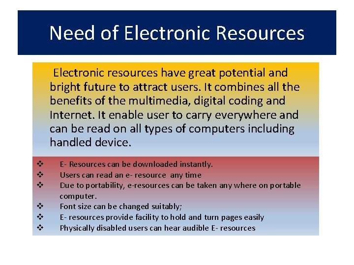 Need of Electronic Resources Electronic resources have great potential and bright future to attract