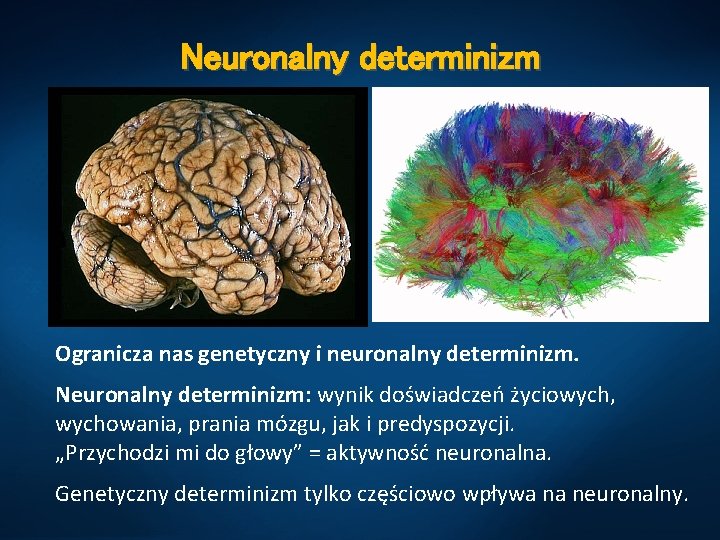 Neuronalny determinizm Ogranicza nas genetyczny i neuronalny determinizm. Neuronalny determinizm: wynik doświadczeń życiowych, wychowania,