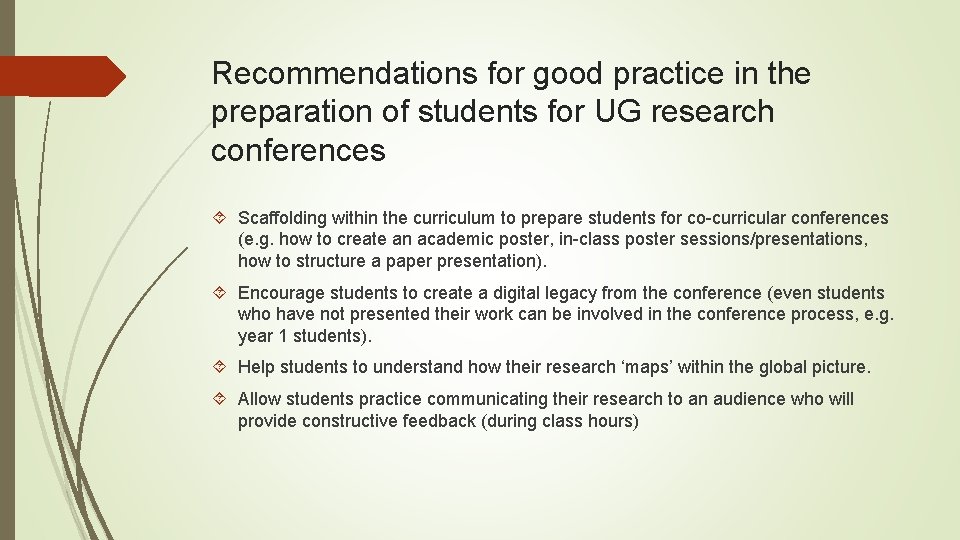 Recommendations for good practice in the preparation of students for UG research conferences Scaffolding