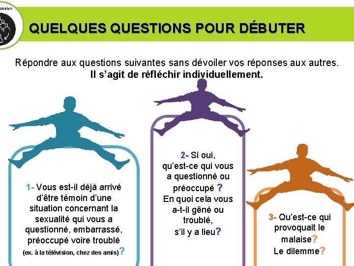 ussion QUELQUESTIONS POUR DÉBUTER Répondre aux questions suivantes sans dévoiler vos réponses aux autres.