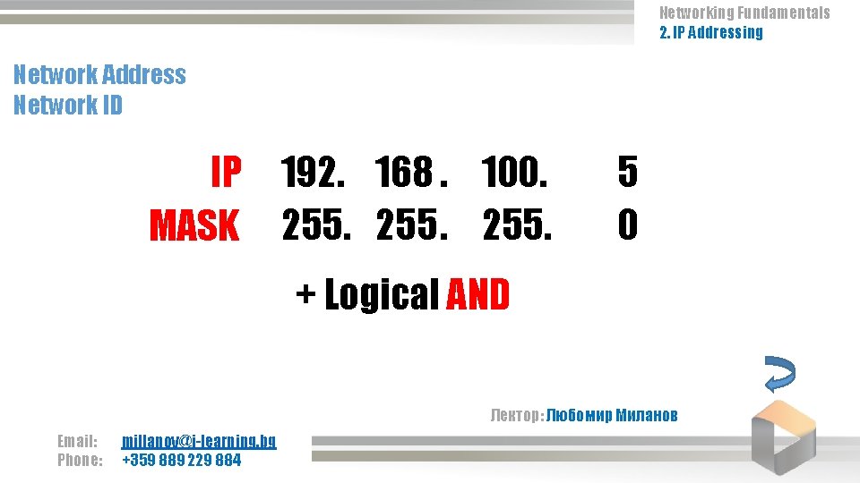 Networking Fundamentals 2. IP Addressing Network Address Network ID IP 192. 168. 100. MASK