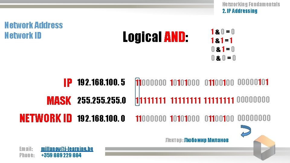 Networking Fundamentals 2. IP Addressing Network Address Network ID Logical AND: 1&0=0 1&1=1 0&1=0