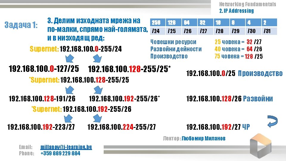 Networking Fundamentals 2. IP Addressing Задача 1: 3. Делим изходната мрежа на по-малки, спрямо