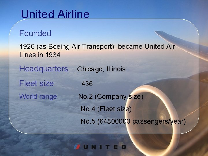 United Airline Founded 1926 (as Boeing Air Transport), became United Air Lines in 1934