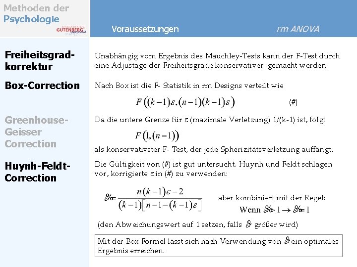 Methoden der Psychologie rm ANOVA Voraussetzungen Freiheitsgradkorrektur Unabhängig vom Ergebnis des Mauchley-Tests kann der