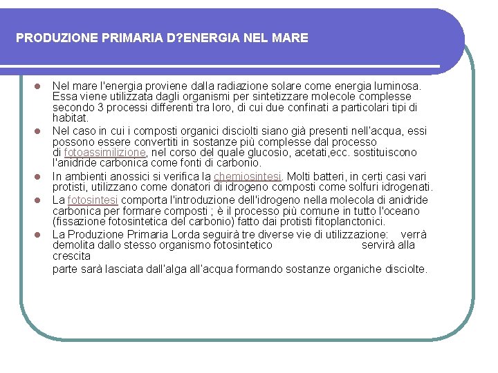 PRODUZIONE PRIMARIA D? ENERGIA NEL MARE Nel mare l'energia proviene dalla radiazione solare come