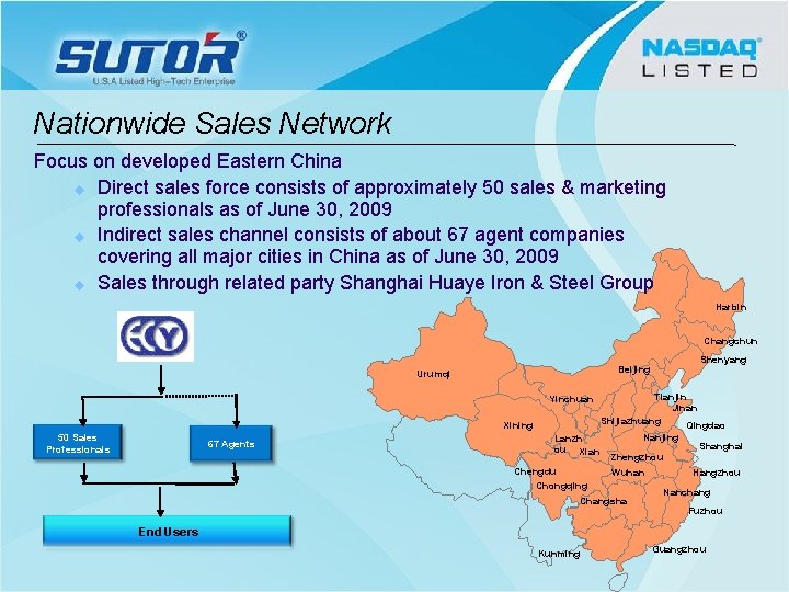 Nationwide Sales Network Focus on developed Eastern China u Direct sales force consists of