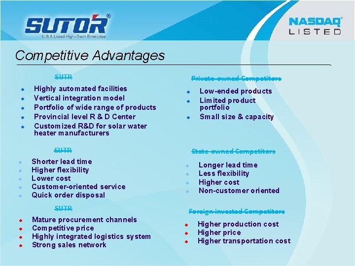 Competitive Advantages Private-owned Competitors SUTR u u u Highly automated facilities Vertical integration model