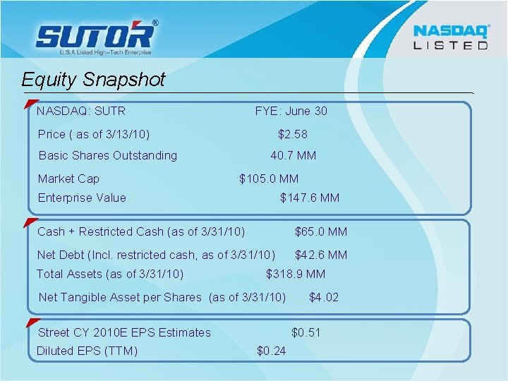 Equity Snapshot NASDAQ: SUTR FYE: June 30 Price ( as of 3/13/10) $2. 58