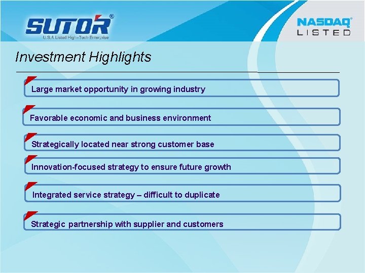 Investment Highlights Large market opportunity in growing industry Favorable economic and business environment Strategically