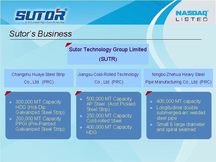 Sutor’s Business Sutor Technology Group Limited (SUTR) Changshu Huaye Steel Strip Jiangsu Cold-Rolled Technology