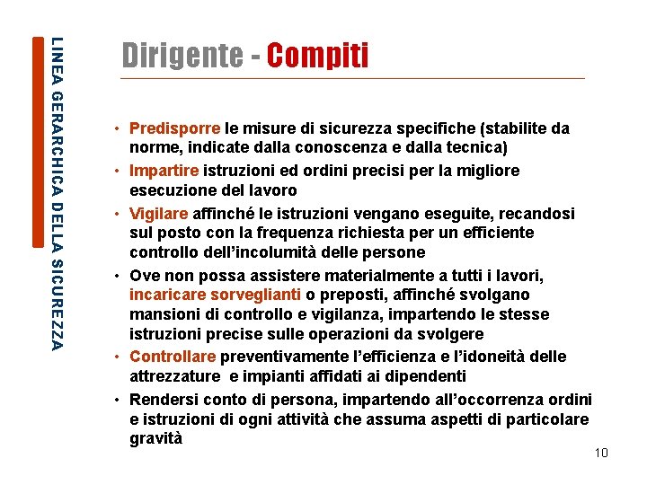 LINEA GERARCHICA DELLA SICUREZZA Dirigente - Compiti • Predisporre le misure di sicurezza specifiche