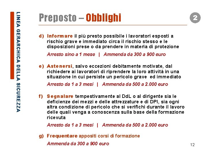 LINEA GERARCHICA DELLA SICUREZZA Preposto – Obblighi 2 d) Informare il più presto possibile