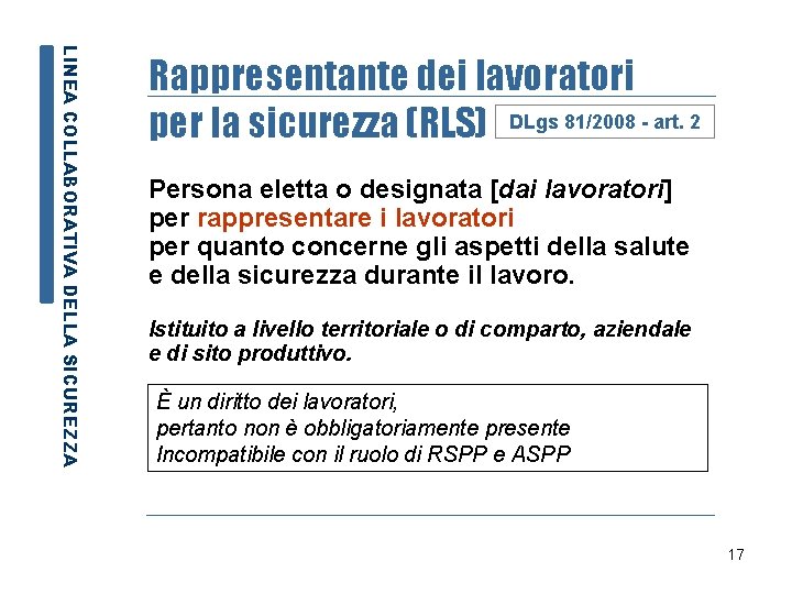 LINEA COLLABORATIVA DELLA SICUREZZA Rappresentante dei lavoratori per la sicurezza (RLS) DLgs 81/2008 -