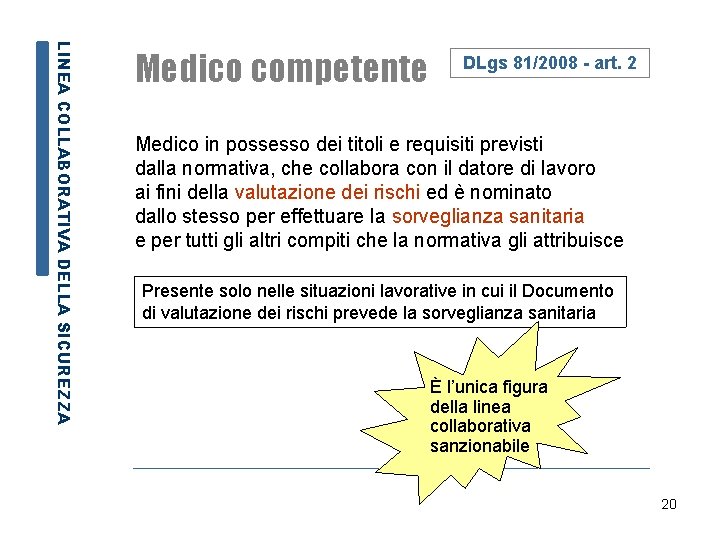 LINEA COLLABORATIVA DELLA SICUREZZA Medico competente DLgs 81/2008 - art. 2 Medico in possesso