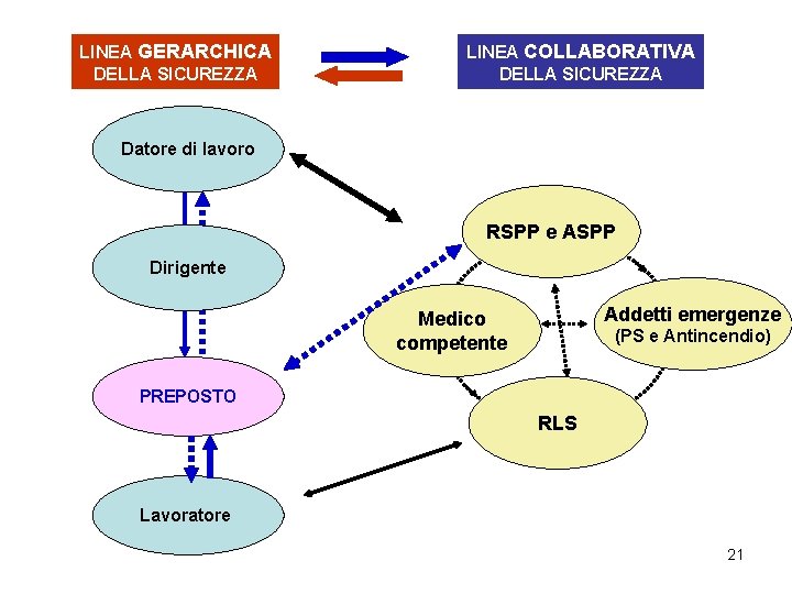 LINEA GERARCHICA DELLA SICUREZZA LINEA COLLABORATIVA DELLA SICUREZZA Datore di lavoro RSPP e ASPP