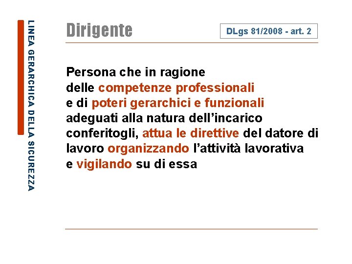 LINEA GERARCHICA DELLA SICUREZZA Dirigente DLgs 81/2008 - art. 2 Persona che in ragione