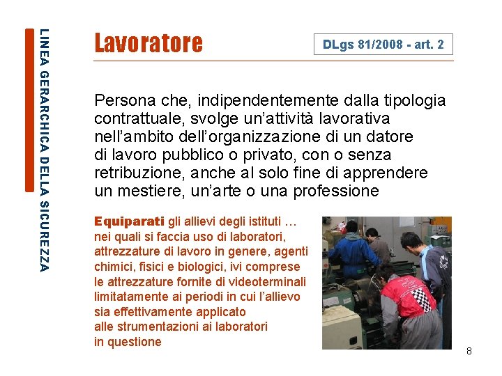 LINEA GERARCHICA DELLA SICUREZZA Lavoratore DLgs 81/2008 - art. 2 Persona che, indipendentemente dalla