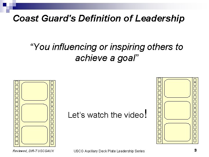 Coast Guard's Definition of Leadership “You influencing or inspiring others to achieve a goal” Coast Guard's Definition of Leadership “You influencing or inspiring others to achieve a goal”