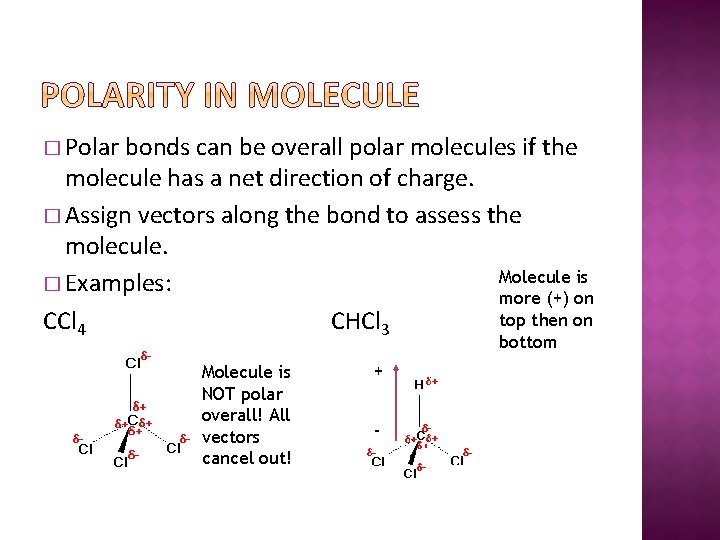 � Polar bonds can be overall polar molecules if the molecule has a net
