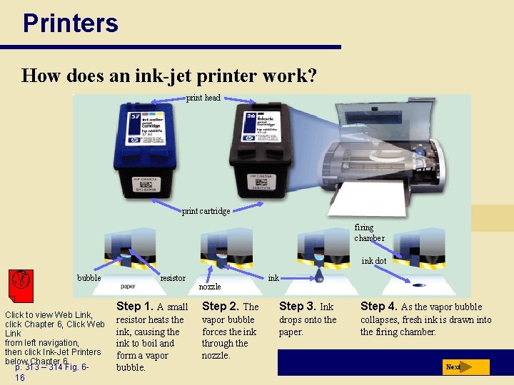 Printers How does an ink-jet printer work? print head print cartridge firing chamber ink Printers How does an ink-jet printer work? print head print cartridge firing chamber ink