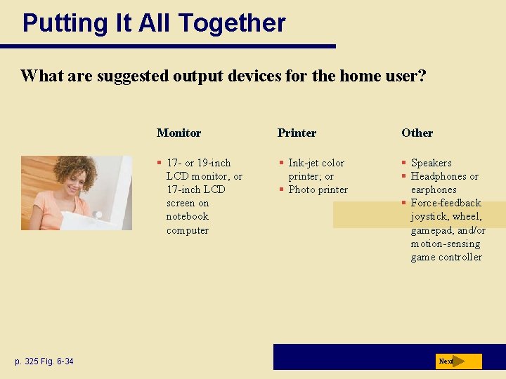 Putting It All Together What are suggested output devices for the home user? p. Putting It All Together What are suggested output devices for the home user? p.