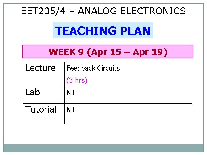 EET 205/4 – ANALOG ELECTRONICS TEACHING PLAN WEEK 9 (Apr 15 – Apr 19)