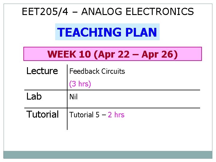 EET 205/4 – ANALOG ELECTRONICS TEACHING PLAN WEEK 10 (Apr 22 – Apr 26)