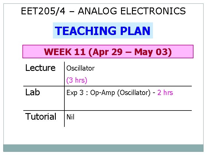 EET 205/4 – ANALOG ELECTRONICS TEACHING PLAN WEEK 11 (Apr 29 – May 03)