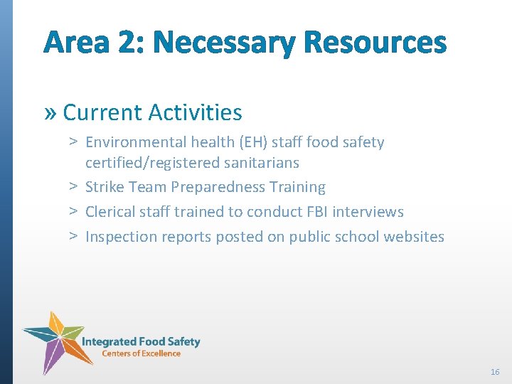 Area 2: Necessary Resources » Current Activities ˃ Environmental health (EH) staff food safety