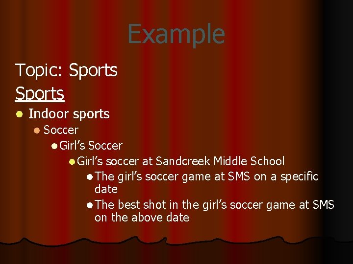 Example Topic: Sports l Indoor sports l Soccer l Girl’s soccer at Sandcreek Middle