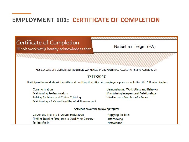 EMPLOYMENT 101: CERTIFICATE OF COMPLETION 