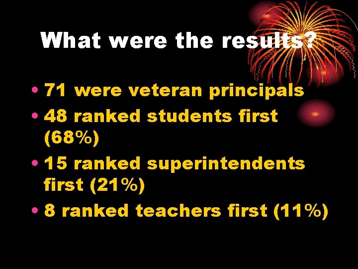 What were the results? • 71 were veteran principals • 48 ranked students first
