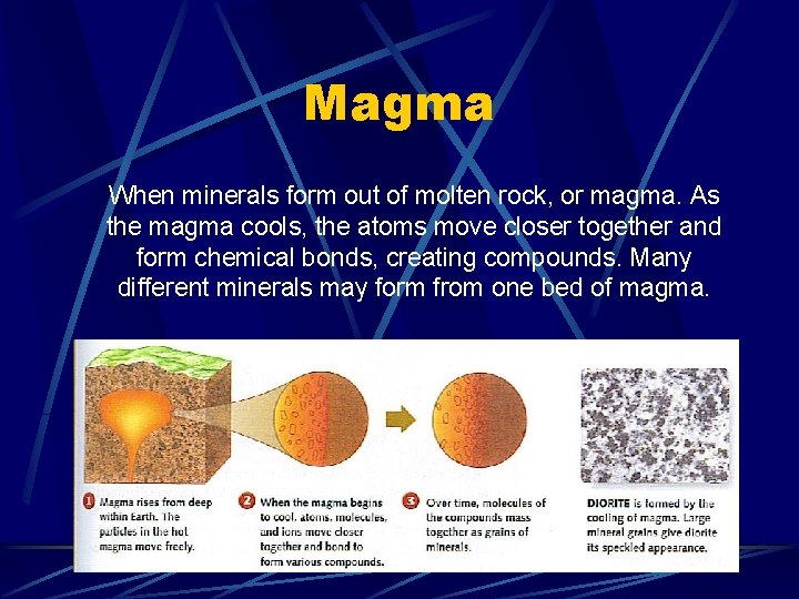 Magma When minerals form out of molten rock, or magma. As the magma cools,