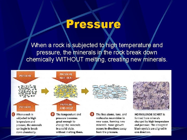 Pressure When a rock is subjected to high temperature and pressure, the minerals in