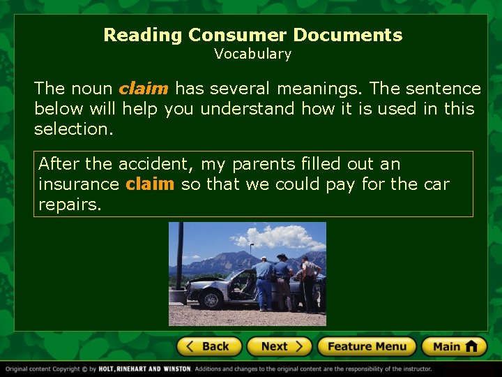Reading Consumer Documents Vocabulary The noun claim has several meanings. The sentence below will Reading Consumer Documents Vocabulary The noun claim has several meanings. The sentence below will