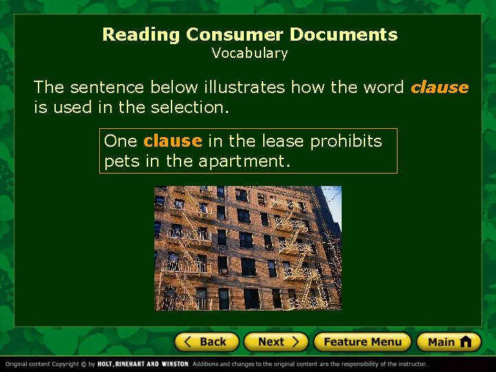 Reading Consumer Documents Vocabulary The sentence below illustrates how the word clause is used Reading Consumer Documents Vocabulary The sentence below illustrates how the word clause is used