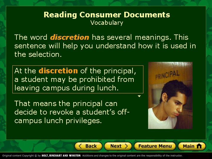 Reading Consumer Documents Vocabulary The word discretion has several meanings. This sentence will help Reading Consumer Documents Vocabulary The word discretion has several meanings. This sentence will help