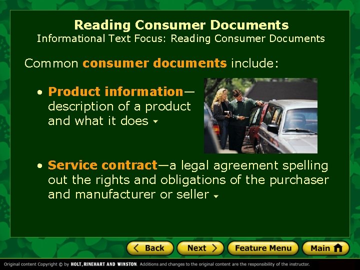Reading Consumer Documents Informational Text Focus: Reading Consumer Documents Common consumer documents include: • Reading Consumer Documents Informational Text Focus: Reading Consumer Documents Common consumer documents include: •