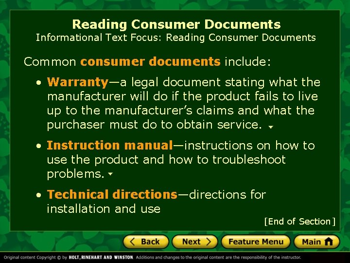 Reading Consumer Documents Informational Text Focus: Reading Consumer Documents Common consumer documents include: • Reading Consumer Documents Informational Text Focus: Reading Consumer Documents Common consumer documents include: •