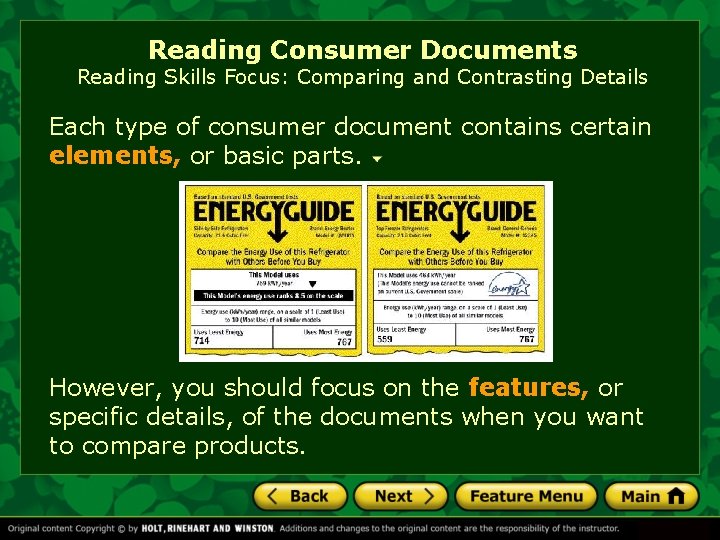 Reading Consumer Documents Reading Skills Focus: Comparing and Contrasting Details Each type of consumer Reading Consumer Documents Reading Skills Focus: Comparing and Contrasting Details Each type of consumer