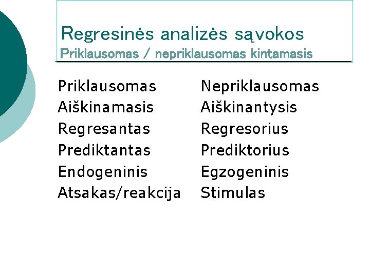 Regresinės analizės sąvokos Priklausomas / nepriklausomas kintamasis Priklausomas Aiškinamasis Regresantas Prediktantas Endogeninis Atsakas/reakcija Nepriklausomas Regresinės analizės sąvokos Priklausomas / nepriklausomas kintamasis Priklausomas Aiškinamasis Regresantas Prediktantas Endogeninis Atsakas/reakcija Nepriklausomas