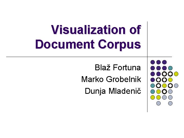 Visualization of Document Corpus Blaž Fortuna Marko Grobelnik Dunja Mladenič 