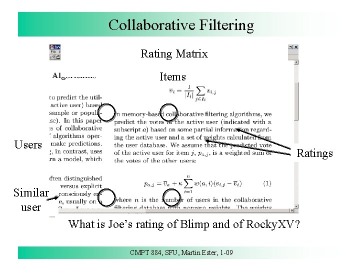 Collaborative Filtering Introduction Rating Matrix Items Users Ratings Similar user What is Joe’s rating