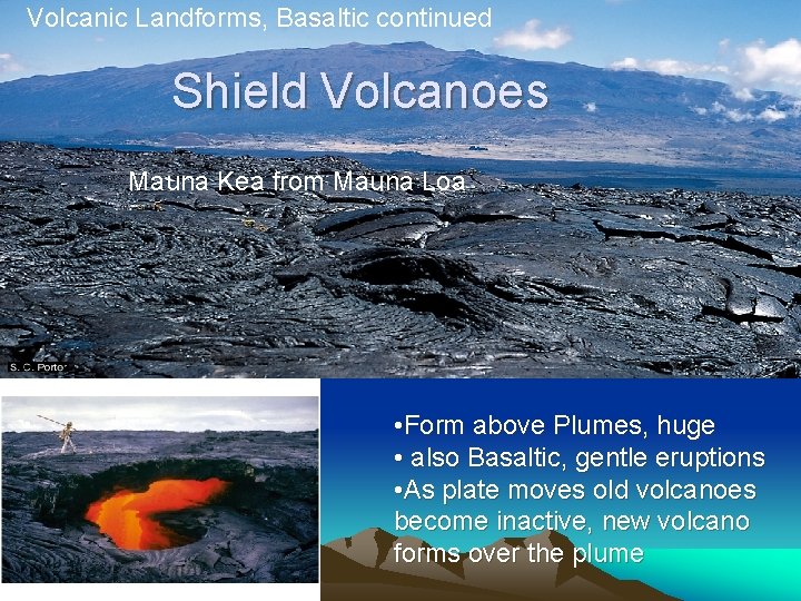 Volcanic Landforms, Basaltic continued Shield Volcanoes Mauna Kea from Mauna Loa • Form above