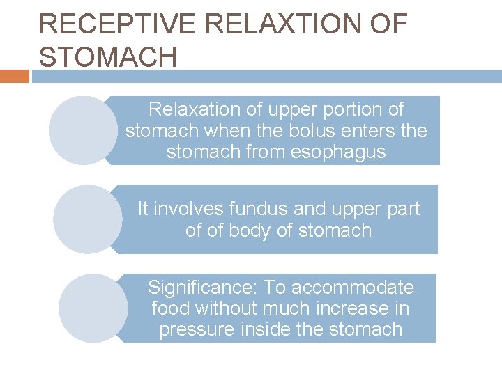 RECEPTIVE RELAXTION OF STOMACH Relaxation of upper portion of stomach when the bolus enters