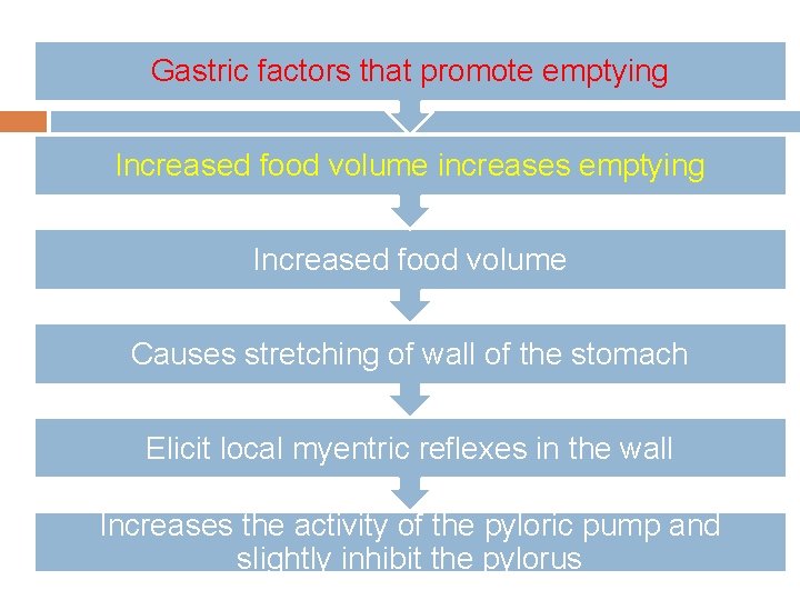 Gastric factors that promote emptying Increased food volume increases emptying Increased food volume Causes
