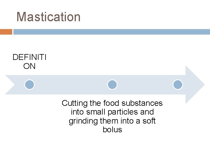 Mastication DEFINITI ON Cutting the food substances into small particles and grinding them into