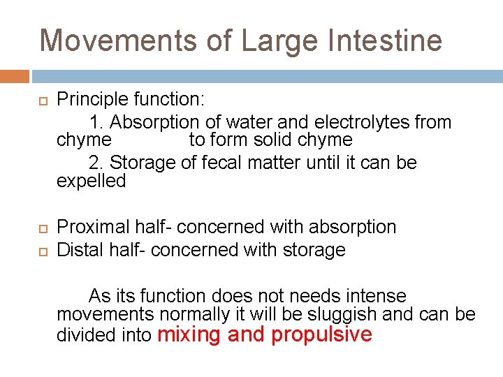 Movements of Large Intestine Principle function: 1. Absorption of water and electrolytes from chyme