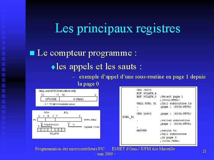 Les principaux registres n Le compteur programme : t les appels et les sauts